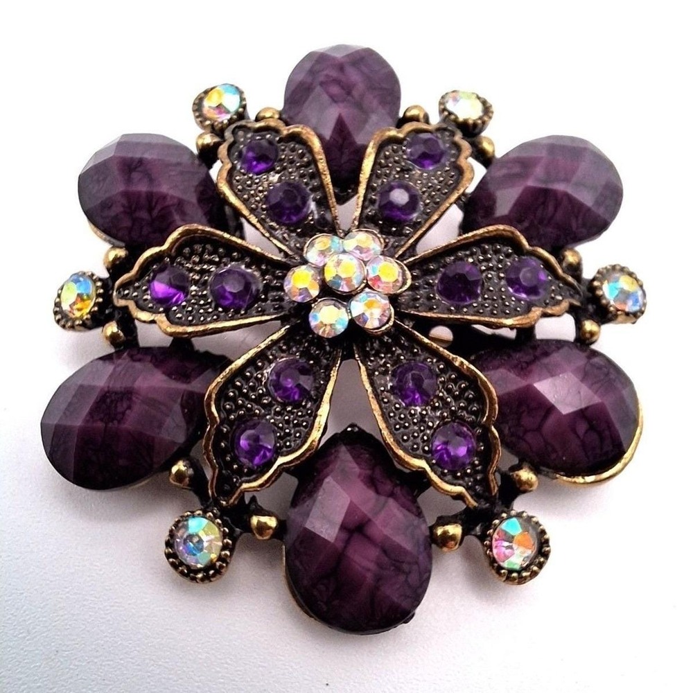 Vintage flower brooch purple AB rhinestones antiqued gold mid century